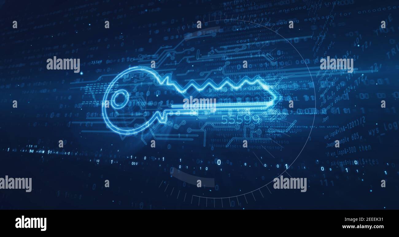 Concetto di crittografia digitale con simbolo della chiave cibernetica, segreto, privacy, sicurezza del computer e icona di sicurezza dei dati. Illustri di rendering 3d astratto futuristico Foto Stock
