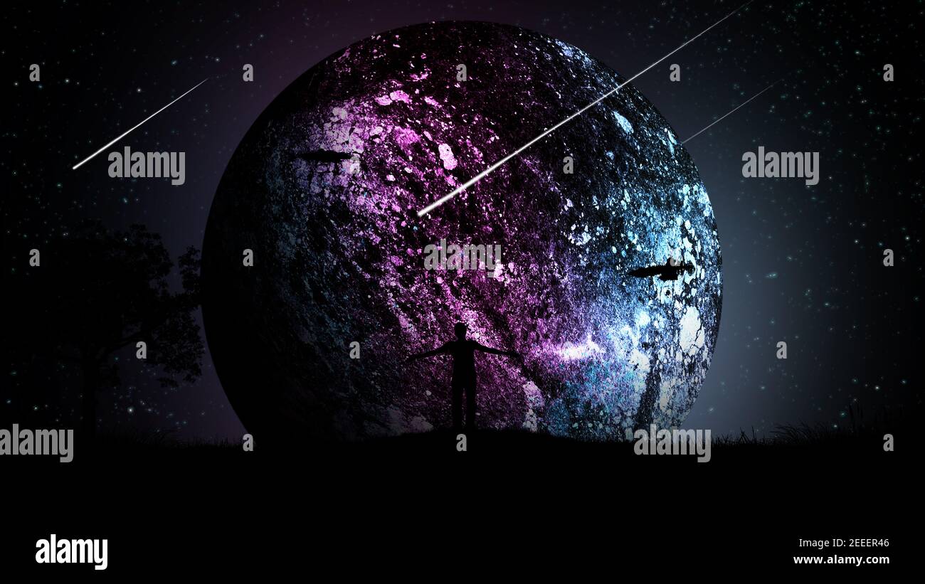 Un uomo di notte all'aperto con le mani separate, sollevato all'aria sullo sfondo del cielo stellato con astronavi e un bell'aereo incandescente Foto Stock