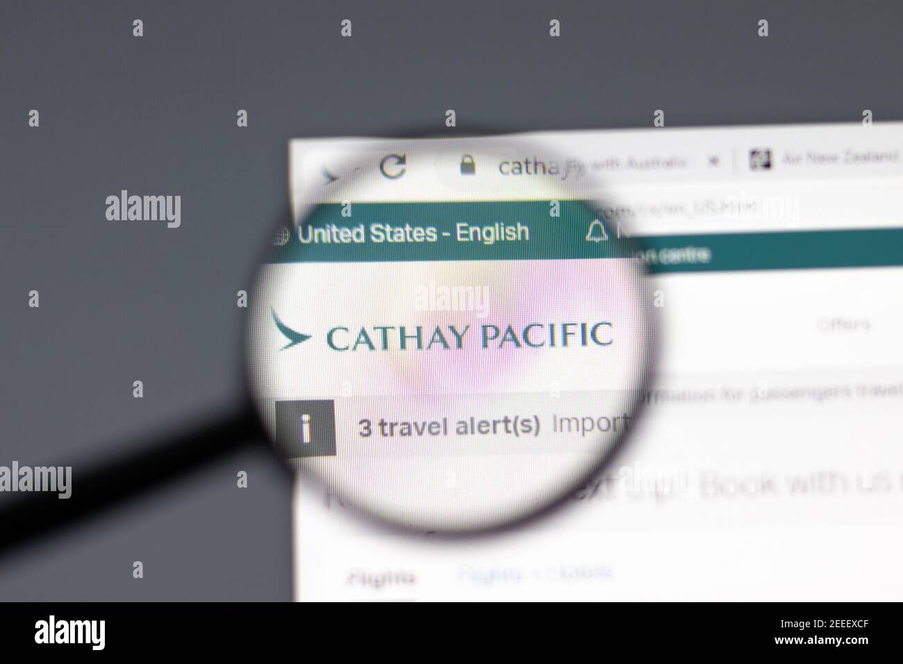 New York, Stati Uniti d'America - 15 Febbraio 2021: Sito web Cathay Pacific nel browser con logo aziendale, editoriale illustrativo Foto Stock