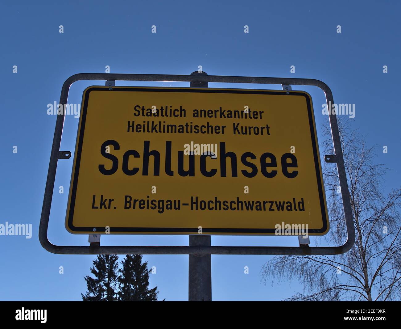 Vista in primo piano del segno giallo della città del villaggio Schluchsee, una città termale approvata dallo stato nella Foresta Nera, nella soleggiata giornata invernale con gli alberi. Foto Stock