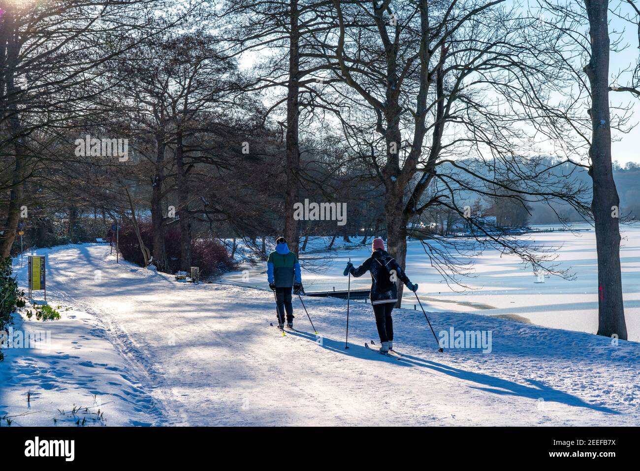 Inverno nella zona della Ruhr, Baldeneysee, innevato, lago parzialmente congelato, sci di fondo, Essen, NRW, Germania, Foto Stock