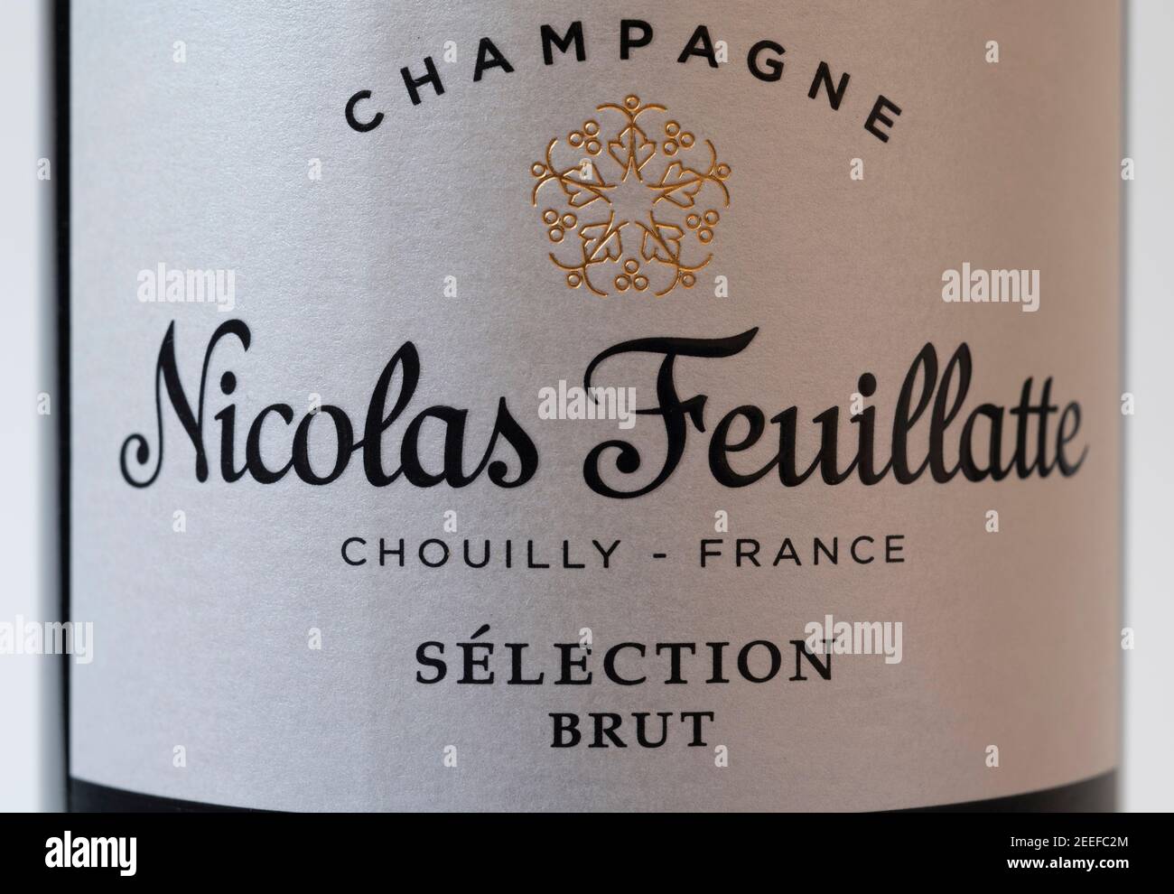 Nicolas Feuillatte etichetta bottiglia di champagne Closeup Foto Stock