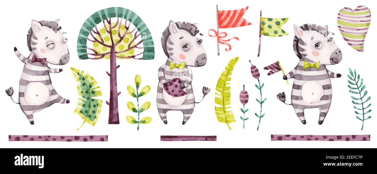 Bambino cute ragazzo zebra. Vettore Watercolor vivaio cartone animato giungla animali cavallo, alberi tropicali, foglie. Adorabile set safari Nurseries Illustrazione Vettoriale