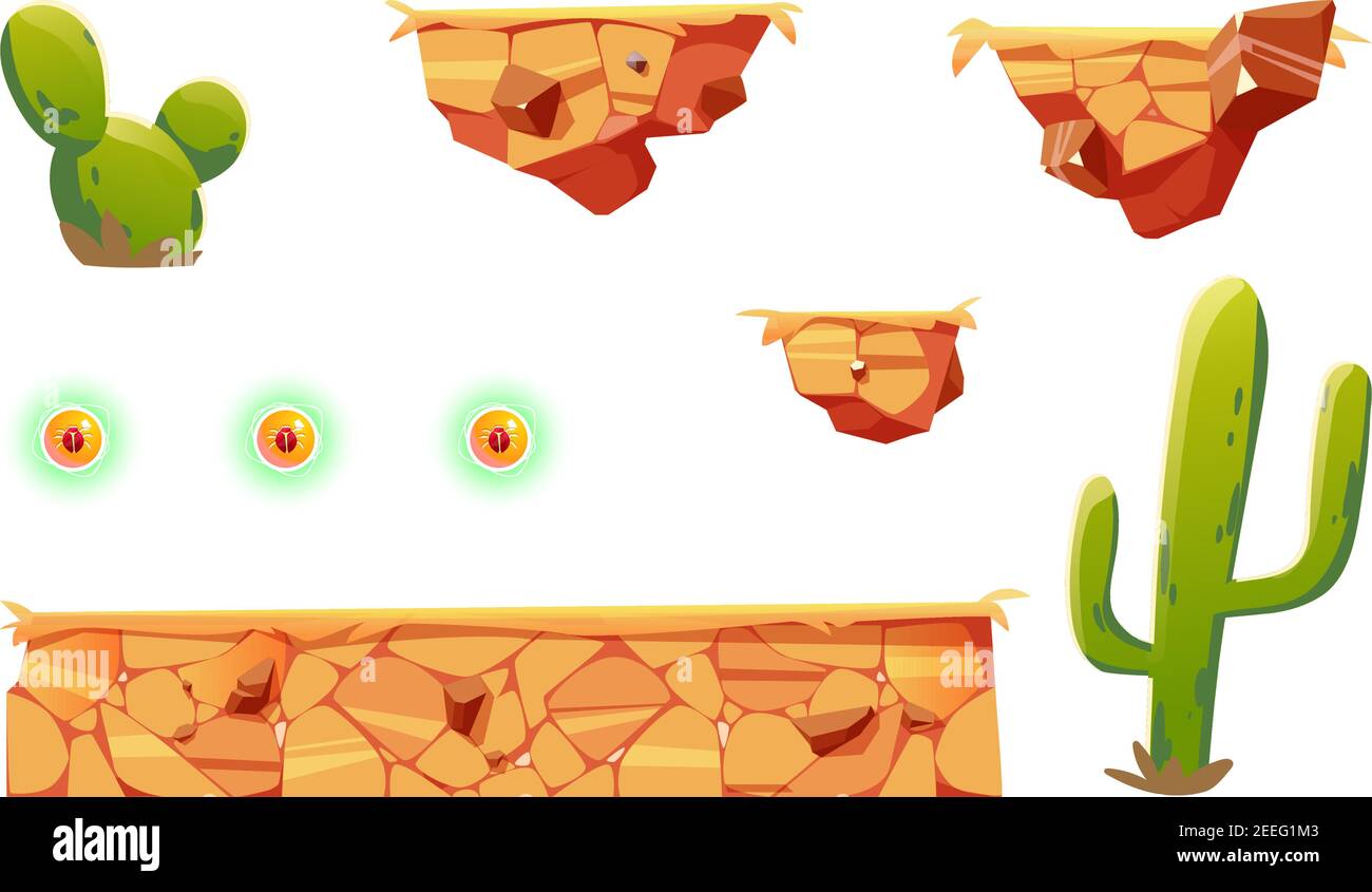 Elementi cartoon per piattaforma di gioco arcade, 2d ui design deserto paesaggio per computer o mobili. Cactus, rocce volanti per saltare, risorse bonus, oggetti per la natura posizione illustrazione vettoriale, set di icone Illustrazione Vettoriale