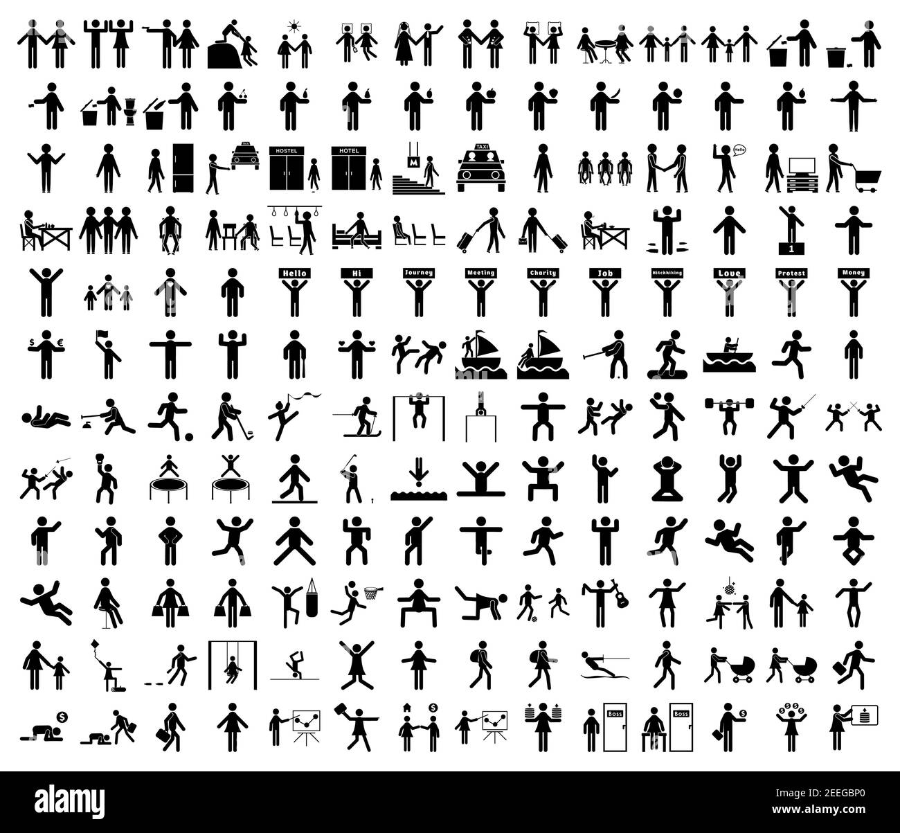 Un insieme di figure del bastone sul tema dello stile di vita, la gente in una varietà di situazioni di vita. Un insieme di icone di persone in diverse posizioni e movimenti. Illustrazione Vettoriale