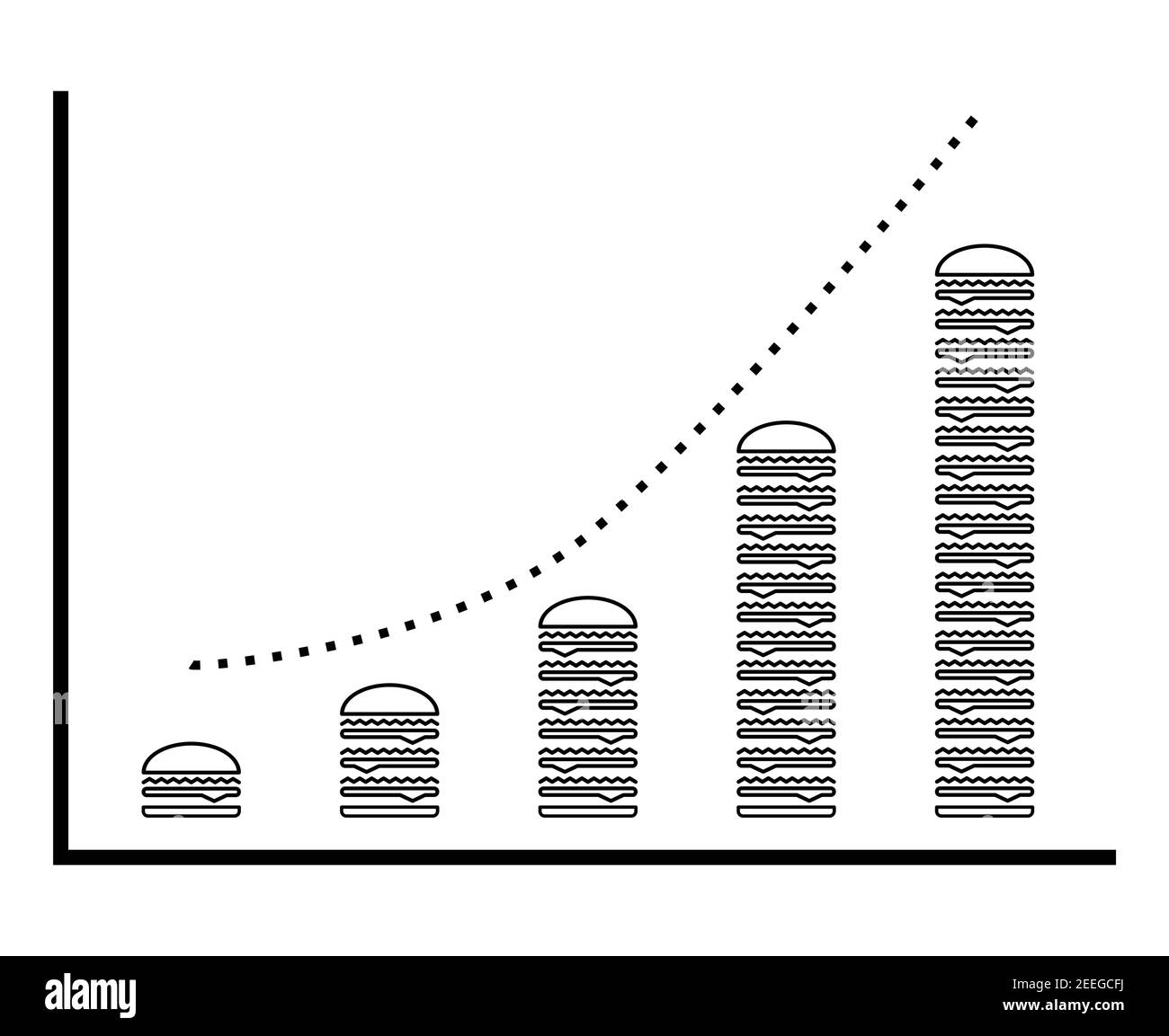 File vettoriale di grafici a barre finanziari di Hamburger, stile concettuale a linea piatta, frutti isolati su sfondo bianco Illustrazione Vettoriale