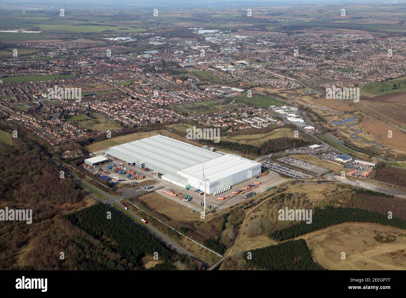 Vista aerea del magazzino del centro di distribuzione B & Q / Wintinghamshire di Worksop Foto Stock