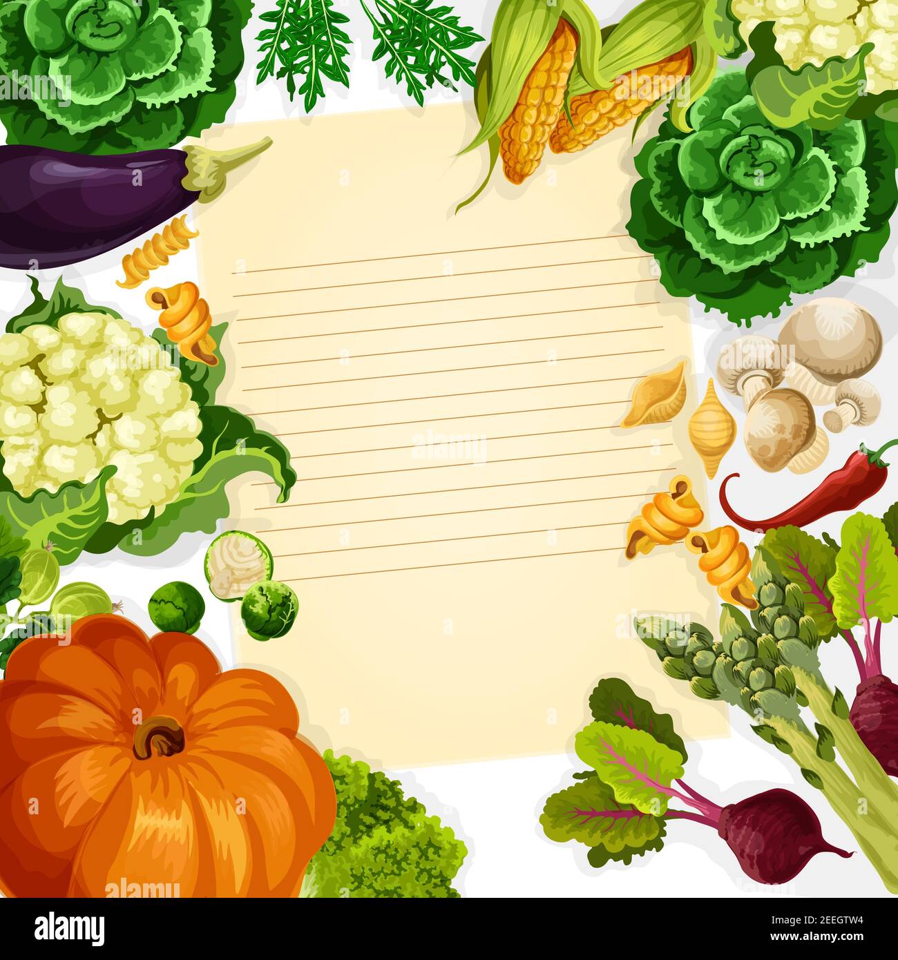 Ricetta di cottura modello vettoriale di verdure e verdure fattoria raccolta di zucca, carote e cavolo o zucca zucchina. Pomodoro fresco, patate o cucum Illustrazione Vettoriale