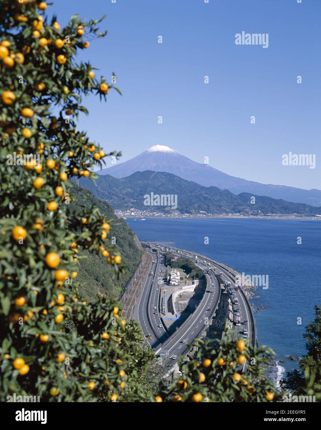 Giappone, Honshu, Prefettura di Yamanashi, cime innevate del Monte Fuji e autostrada costiera Foto Stock