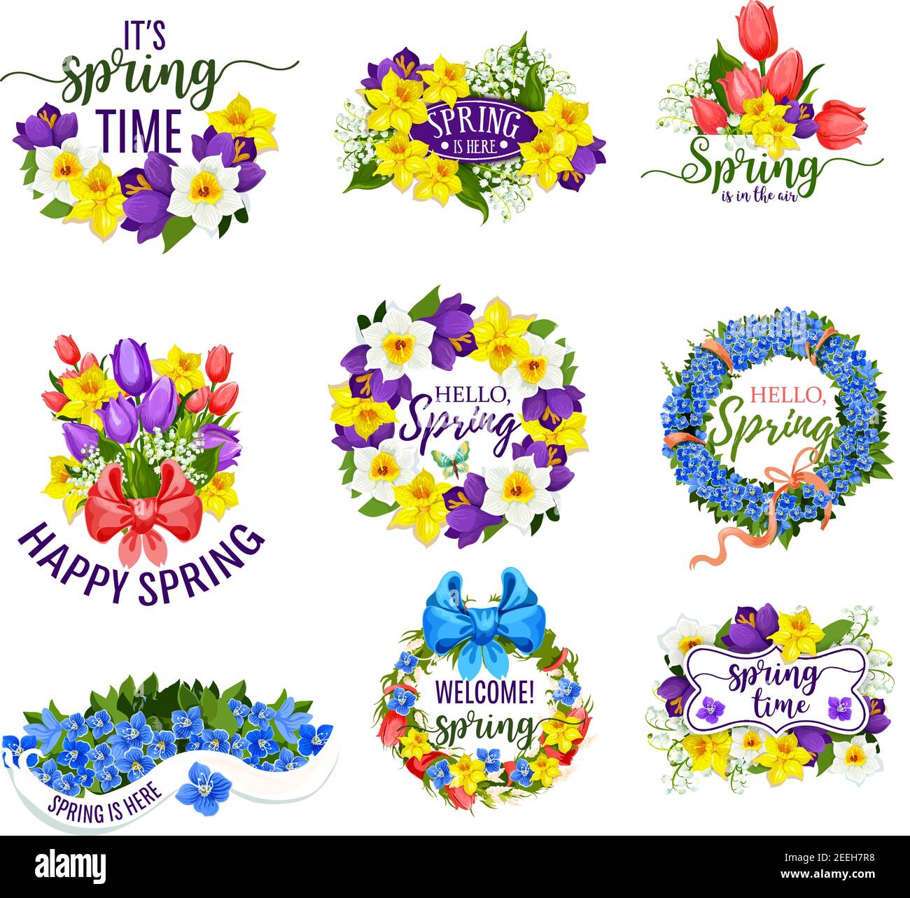 Ciao fiori di primavera e grappoli floreali. Vettore fiore bouquet di tulipani primavera, narcisi o narcisi o giglio di fiore valle con Illustrazione Vettoriale