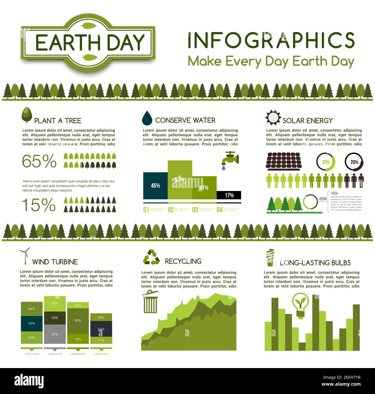 Infografica sulla protezione dell'ecologia. Grafico, grafico e diagramma di vita verde e suggerimenti eco-friendly con lampadina a risparmio energetico, riciclo, pannello solare, wi Illustrazione Vettoriale