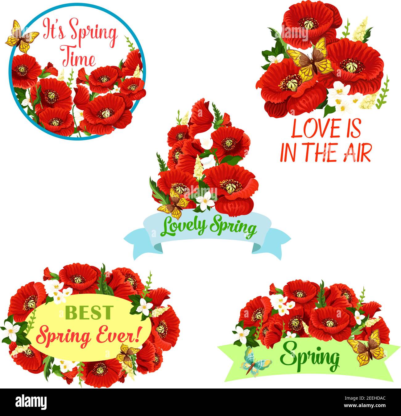Corona di fiori primaverili e grappoli floreali per il disegno vettoriale di saluto. Fiori di papavero rosso in fiore, gemme di fiori daisy o orchidee e bouquet di fiorire Illustrazione Vettoriale