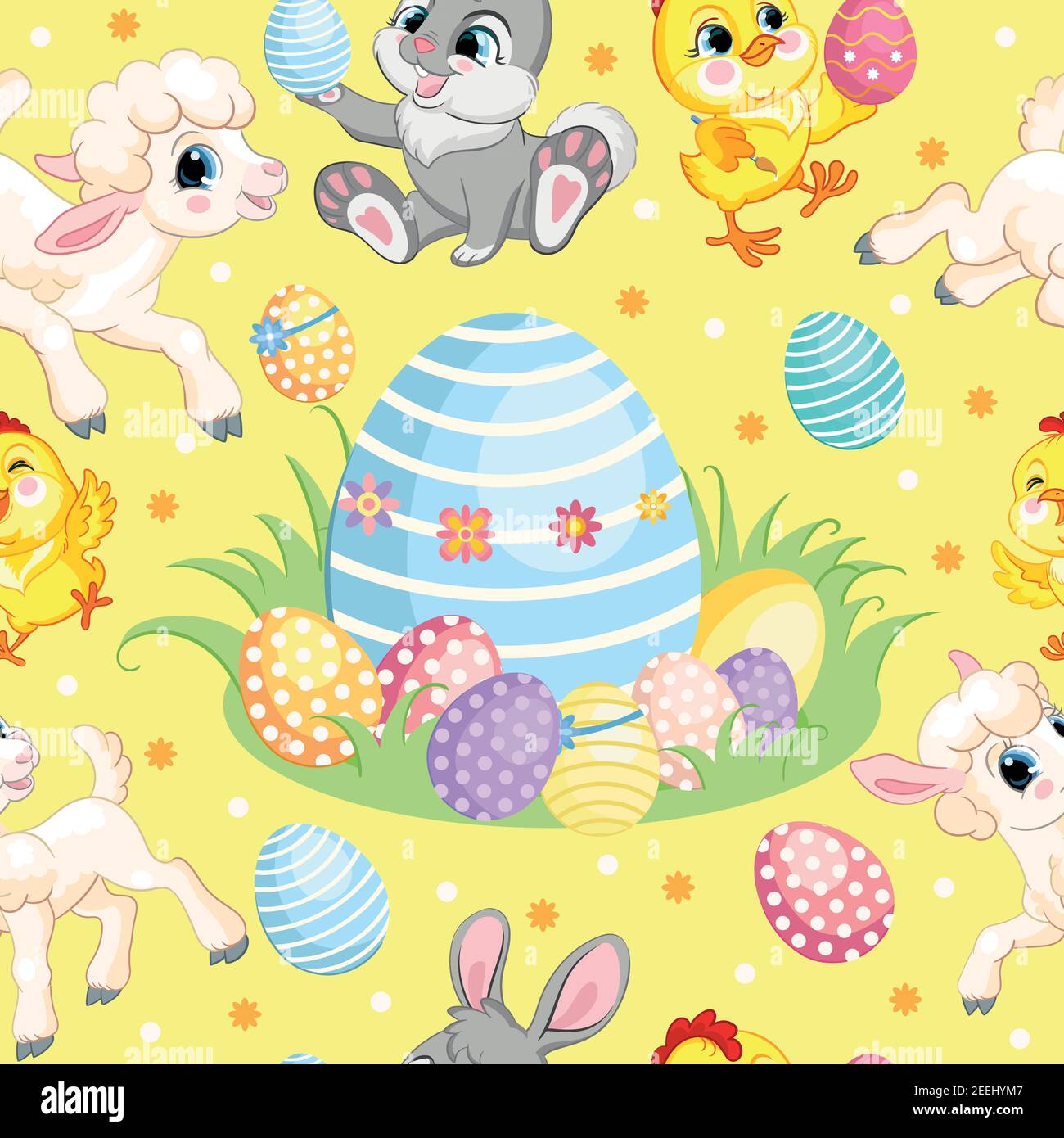 Pattern vettoriale senza giunture con concetto di Pasqua. Agnelli, conigli, polli e uova di pasqua. Illustrazione colorata isolata su sfondo giallo. Per pri Illustrazione Vettoriale