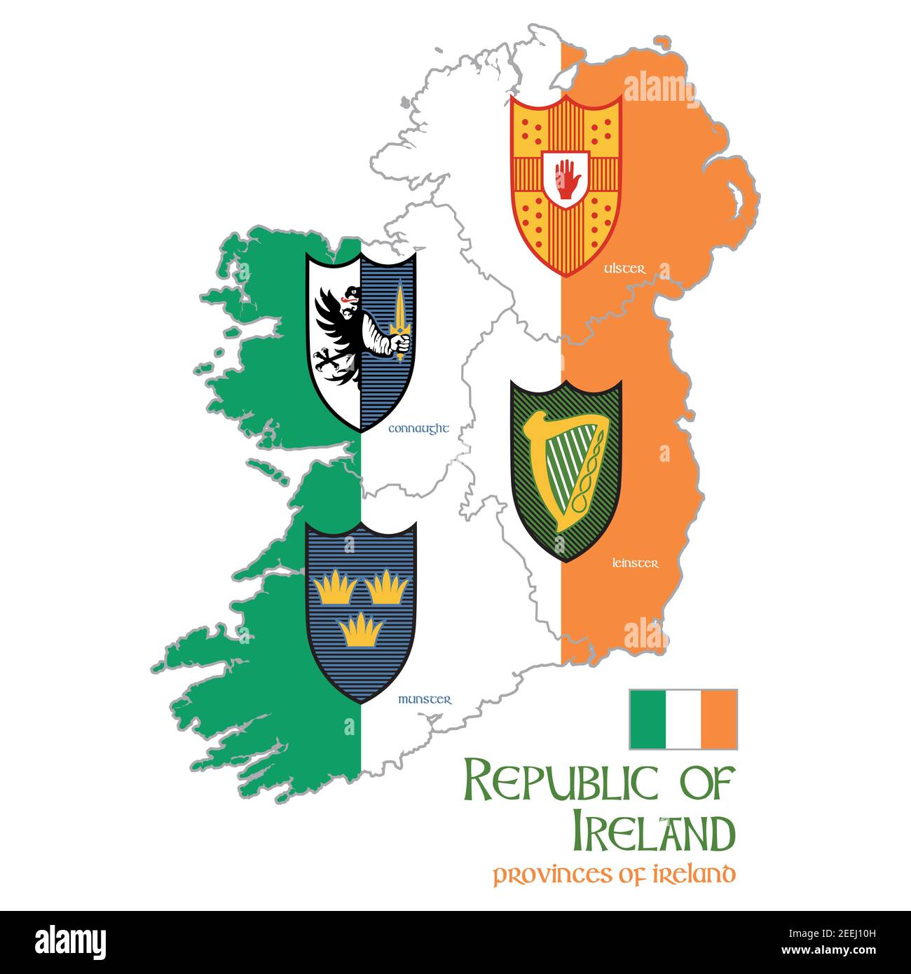 Design celtico irlandese in stile vintage, retrò. Mappa dell'Irlanda con le province Connacht, Leinster, Munster e Ulster Illustrazione Vettoriale