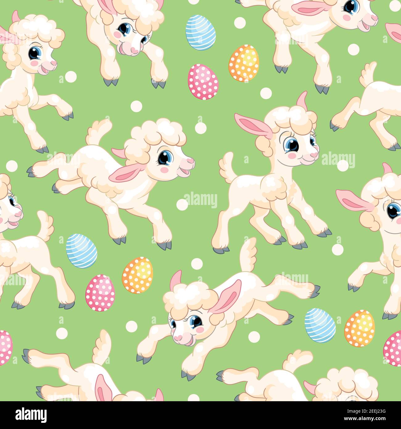 Pattern vettoriale senza giunture con concetto di Pasqua. Carino agnelli bianchi e uova di pasqua. Illustrazione colorata isolata su sfondo verde. Per stampa, t-shirt, Illustrazione Vettoriale