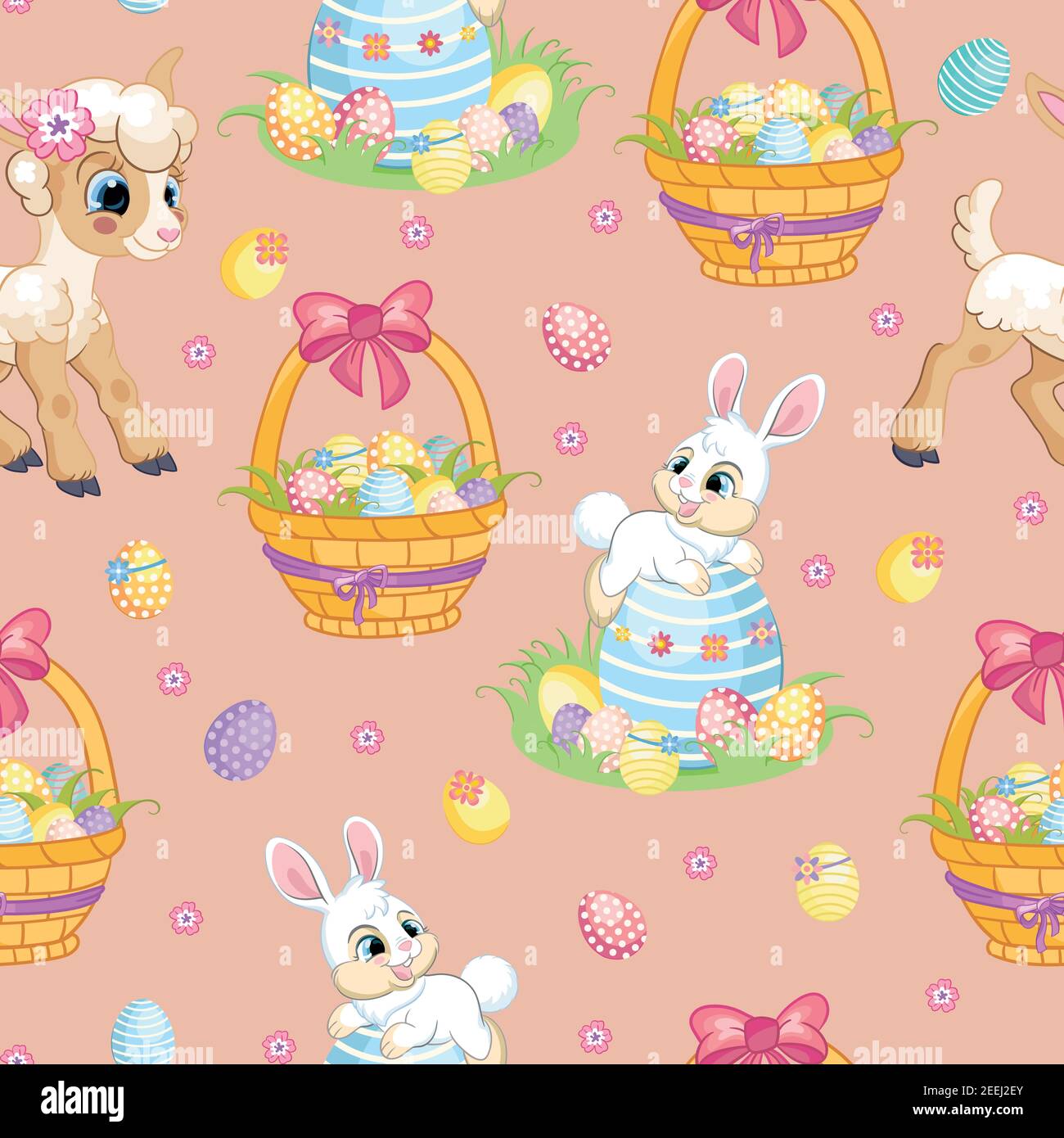 Pattern vettoriale senza giunture con concetto di Pasqua. Coniglio bianco, agnello e cesto con uova di pasqua. Illustrazione colorata isolata su sfondo rosa. Per pr Illustrazione Vettoriale