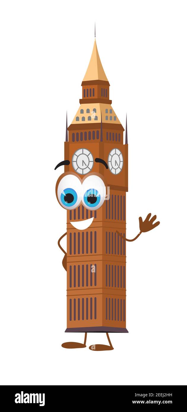 Divertente collezione di oggetti da viaggio: Divertente Big ben Tower su sfondo bianco, disegno piatto illustrazione vettoriale Illustrazione Vettoriale