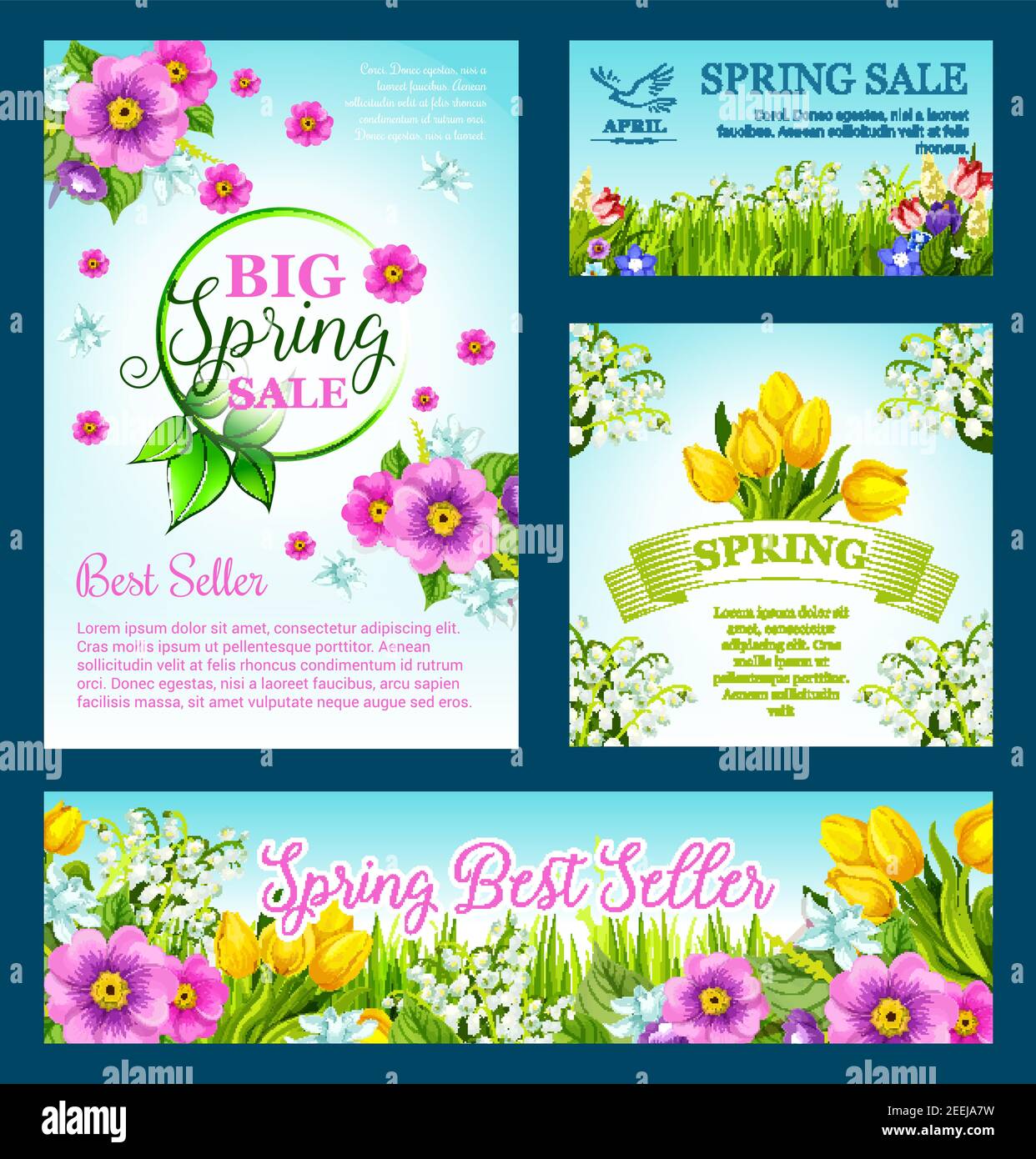 Poster vettoriali Big Spring sale e banner con fiori primaverili per offerta promozionale di sconti per le vacanze primaverili. Disegno floreale di fiori rosa in fiore e. Illustrazione Vettoriale
