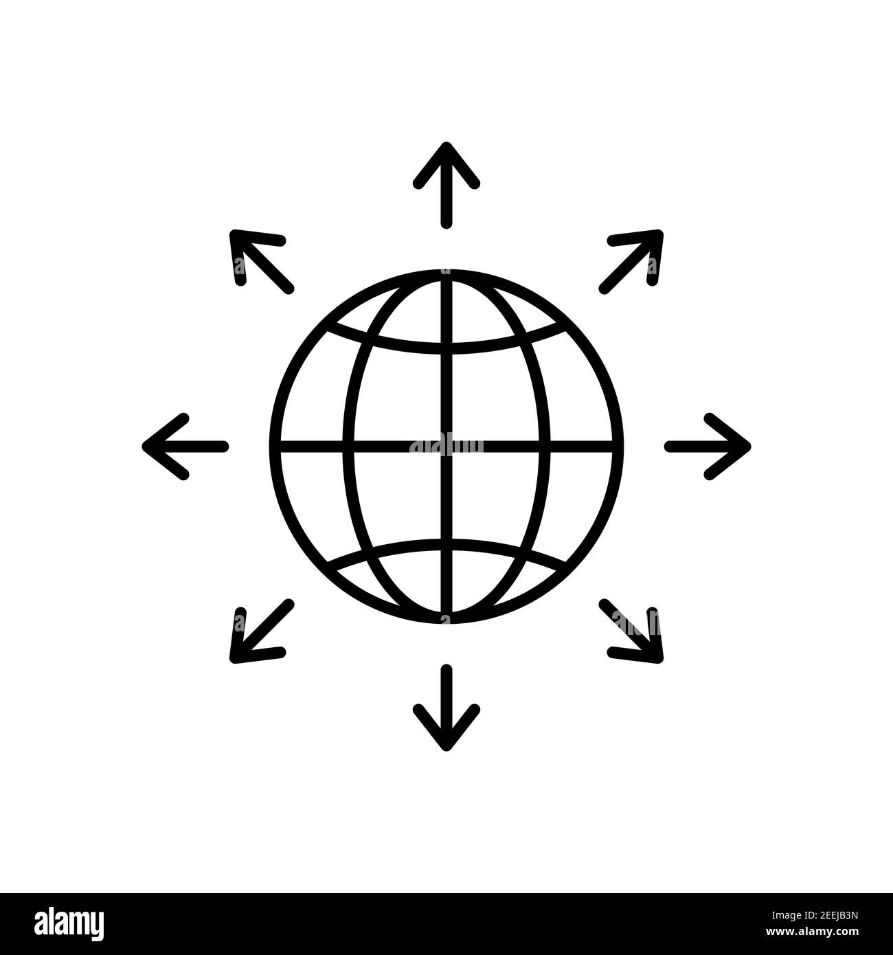 Espansione mondiale icona nera. Simbolo della linea a globo con frecce. Vettore isolato su bianco Illustrazione Vettoriale