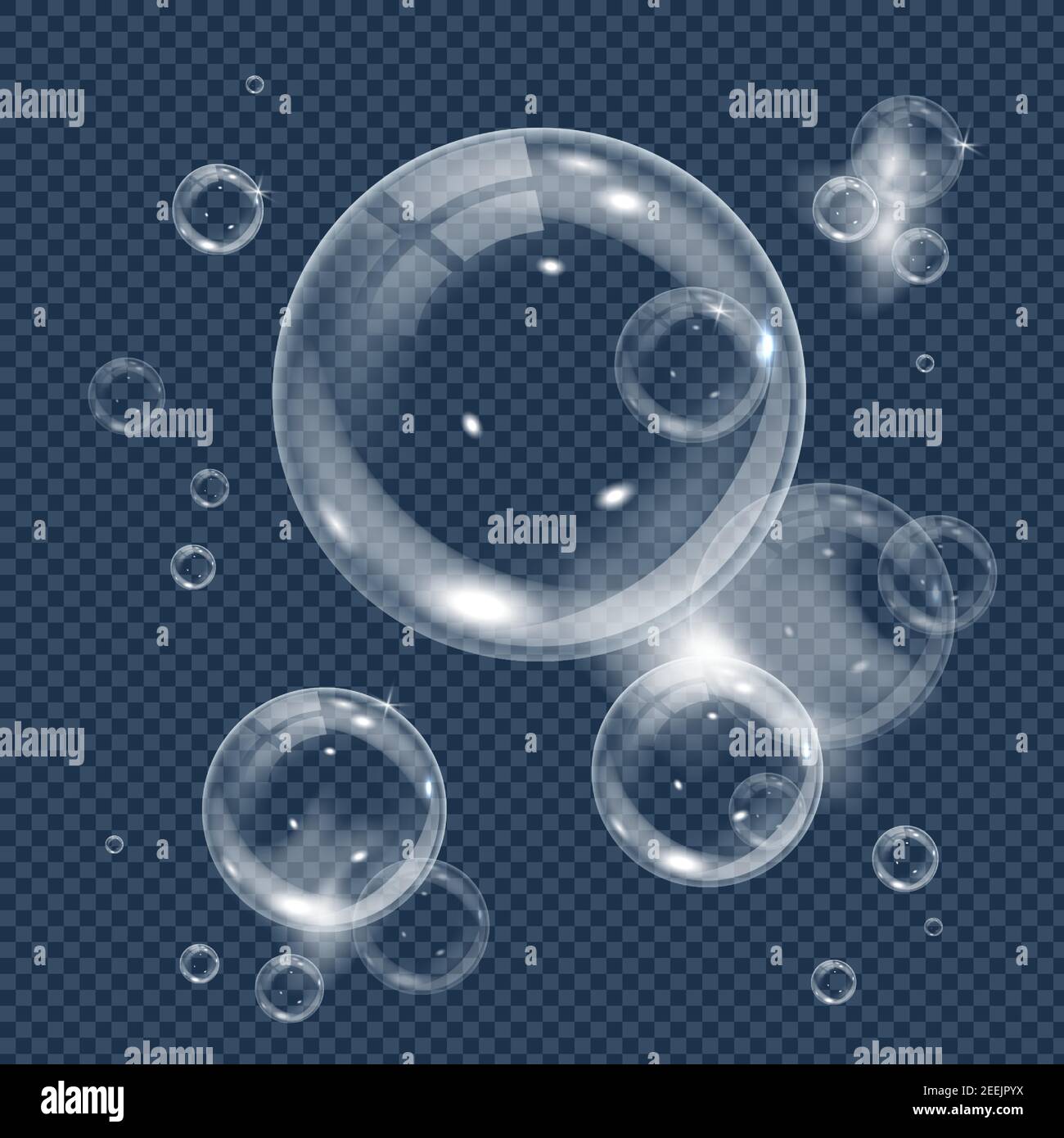 Bolla subacquea bianca isolata su sfondo trasparente. Rappresentazione vettoriale realistica di bolle d'aria o di acqua saponosa con riflessi. Concetto di Illustrazione Vettoriale