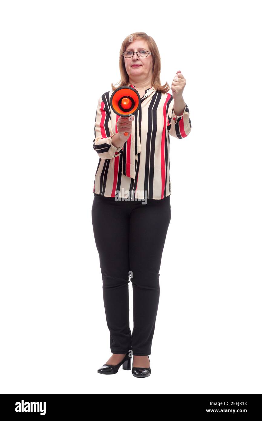 in piena crescita. donna adulta fiduciosa con un megafono Foto Stock