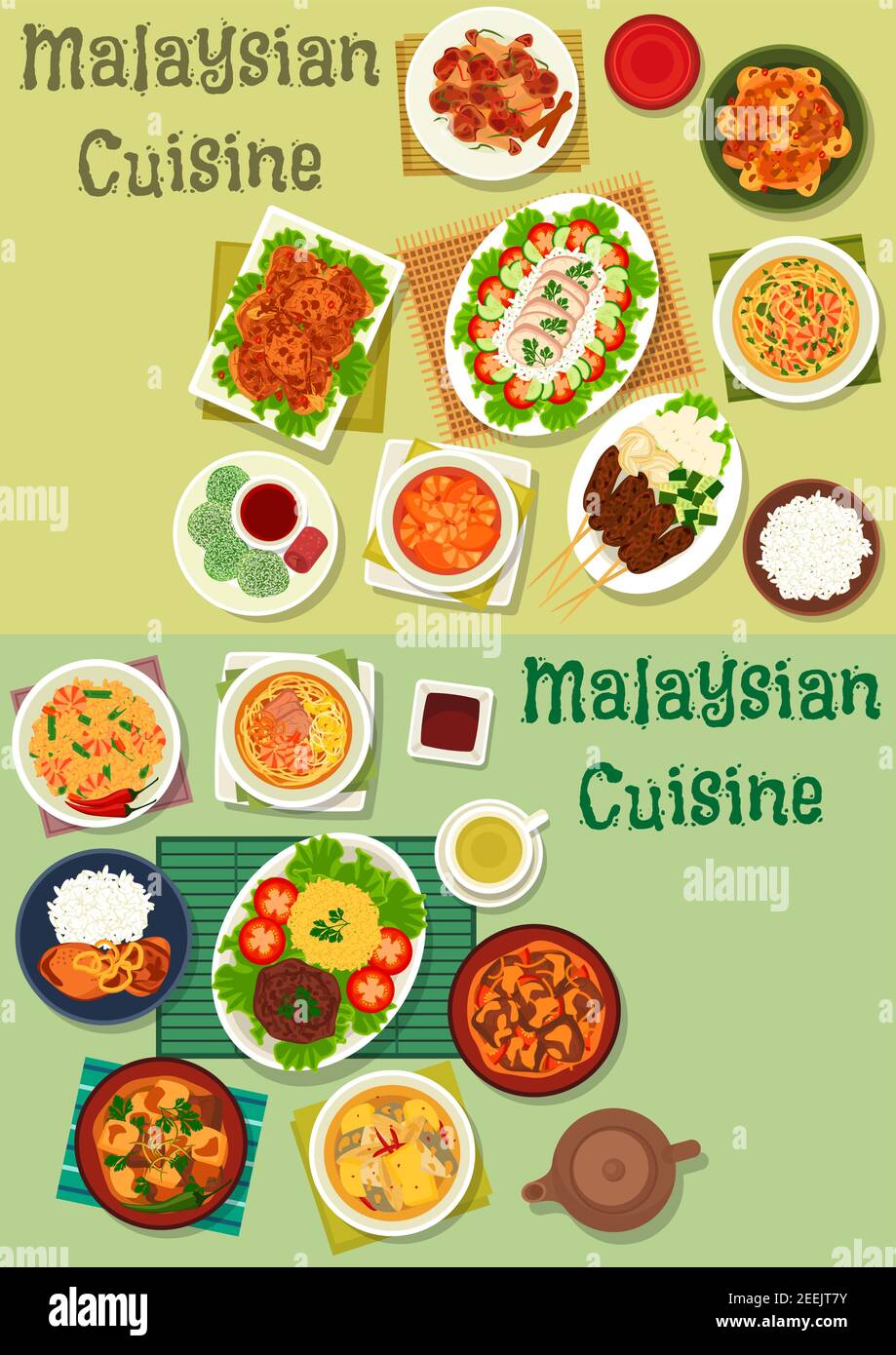 Cucina malese sano cibo icona Set di pollo e manzo con riso e verdure, carne alla griglia, pollo curry, zuppa di noodle con gamberi e maiale, fi Illustrazione Vettoriale