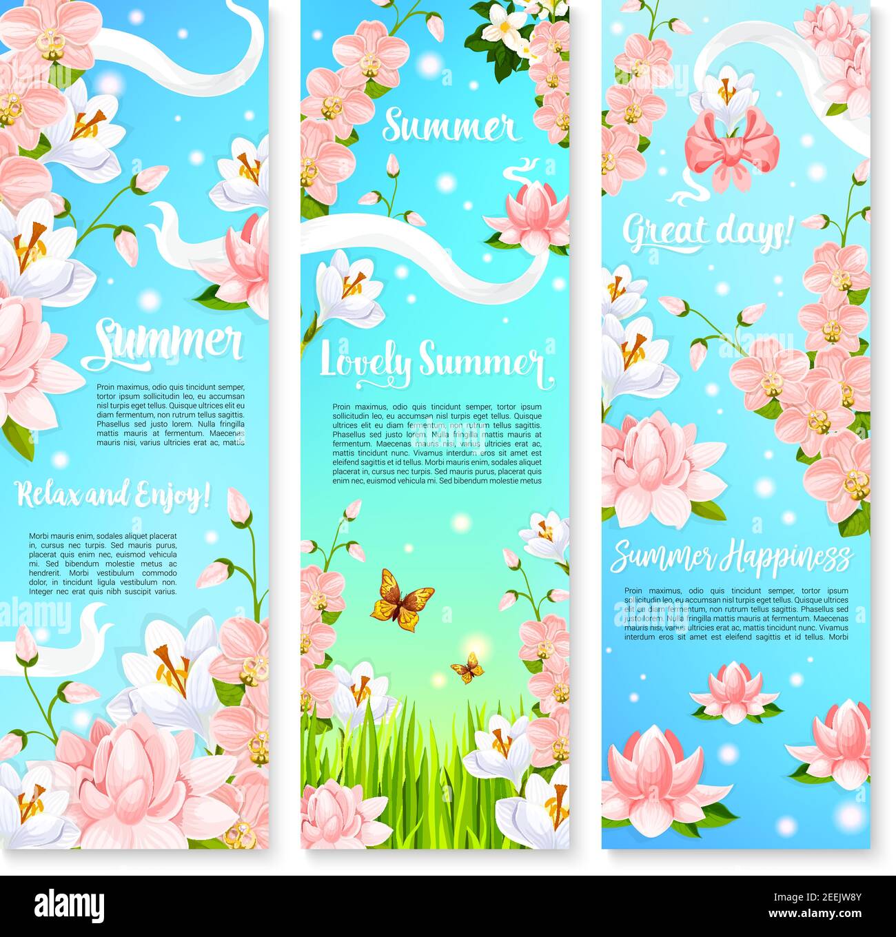 Banner per il giorno estivo per il saluto delle vacanze estive. Disegno vettoriale di croci in fiore, fiori di ciliegio e fiori di orchidee, o fiori di loto su gr Illustrazione Vettoriale