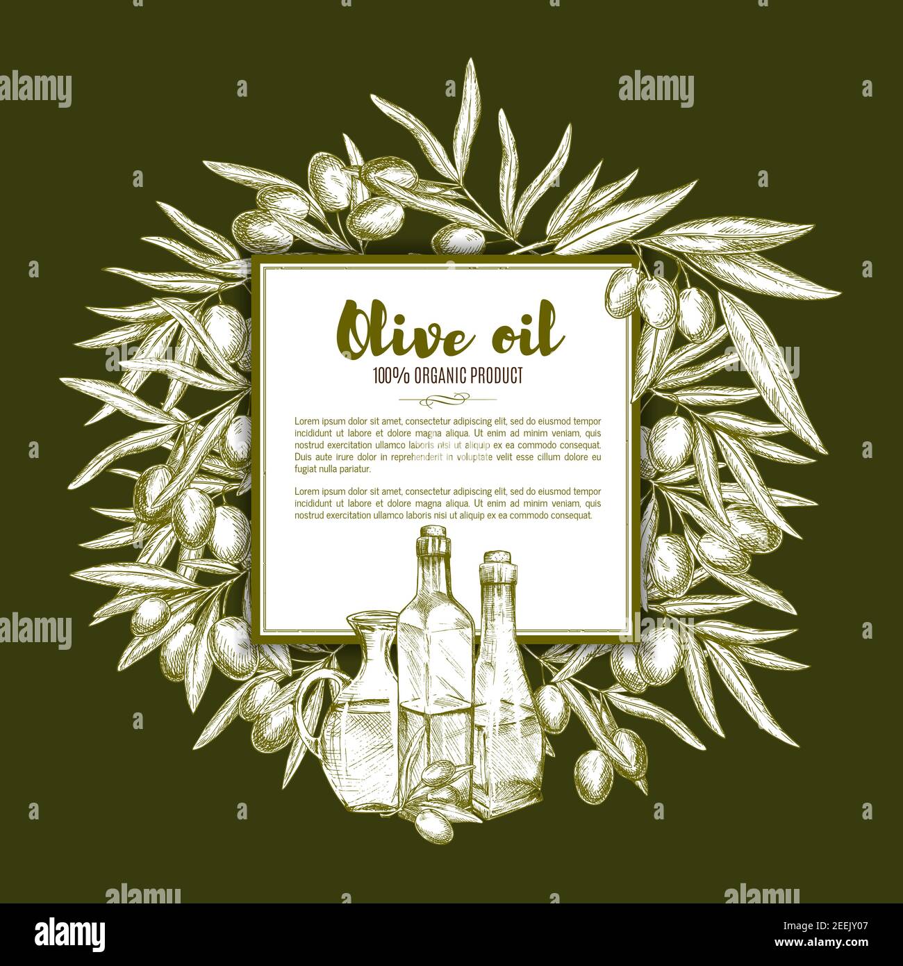 Poster di olio d'oliva e frutta. Rami di olivo con frutta matura e bottiglie di olio naturale biologico disposte intorno al layout del testo. Etichetta olio d'oliva Illustrazione Vettoriale