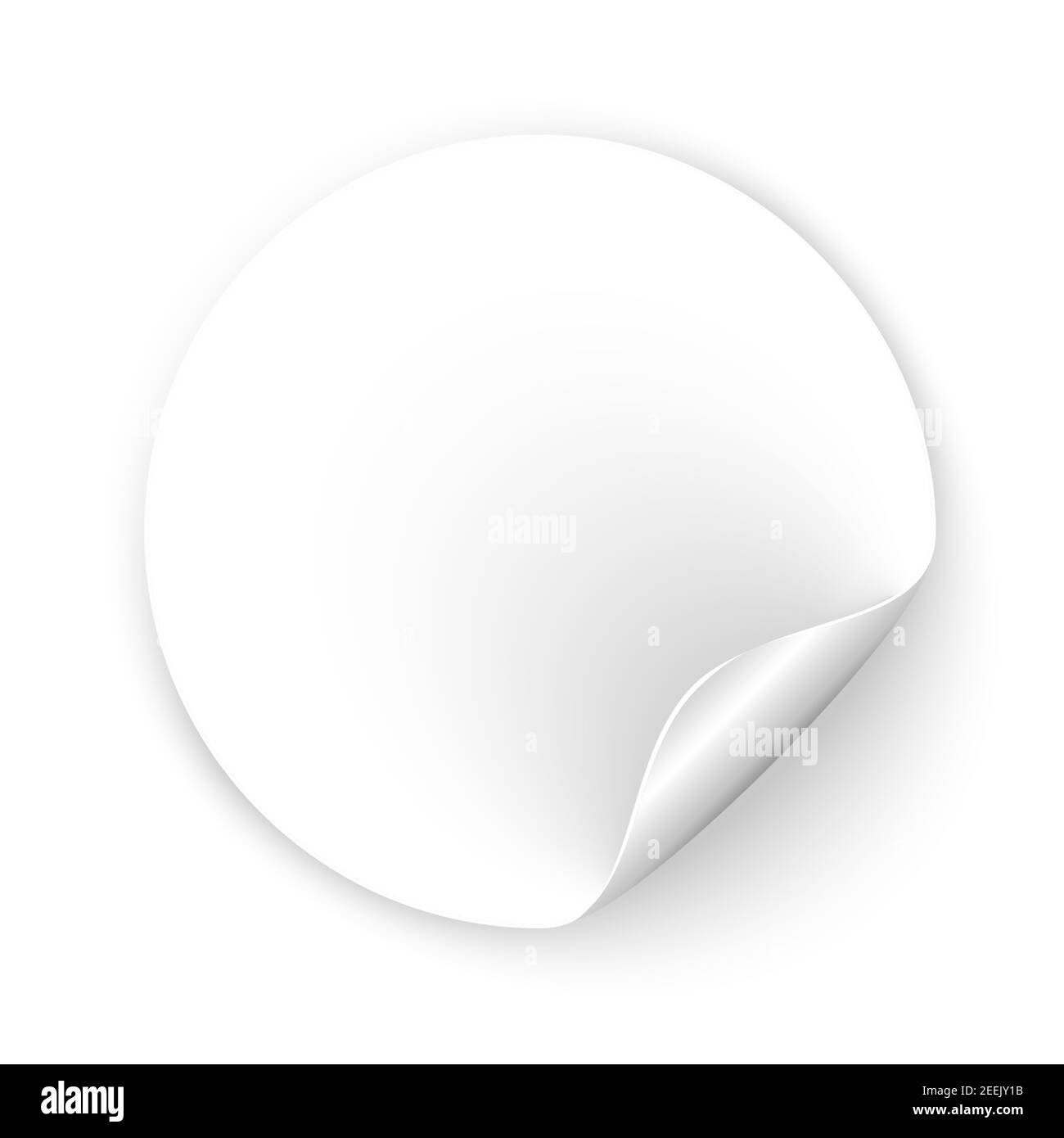 Adesivo rotondo vuoto con angolo arrotolato e ombra. Etichetta promozionale bianca bianca realistica con bordo arricciato. Codice di prezzo cerchietto adesivo. Vettore Illustrazione Vettoriale