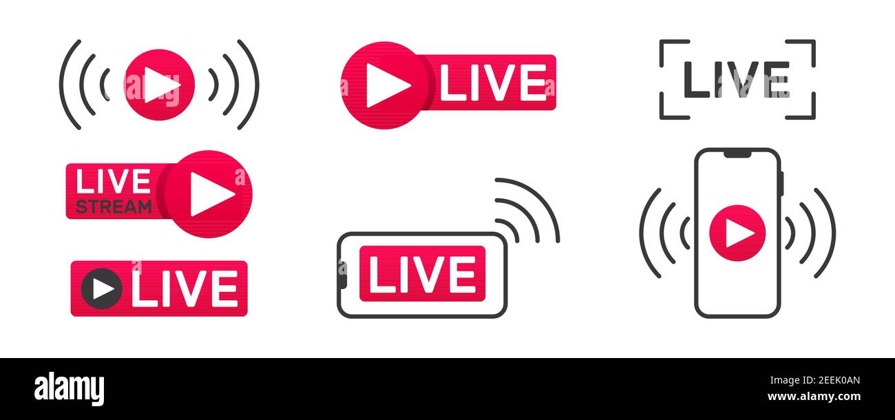 Raccolta di icone di streaming live. Pulsanti per la trasmissione, il live streaming o lo streaming online. Modello per tv, canale online, notizie dal vivo, social Illustrazione Vettoriale