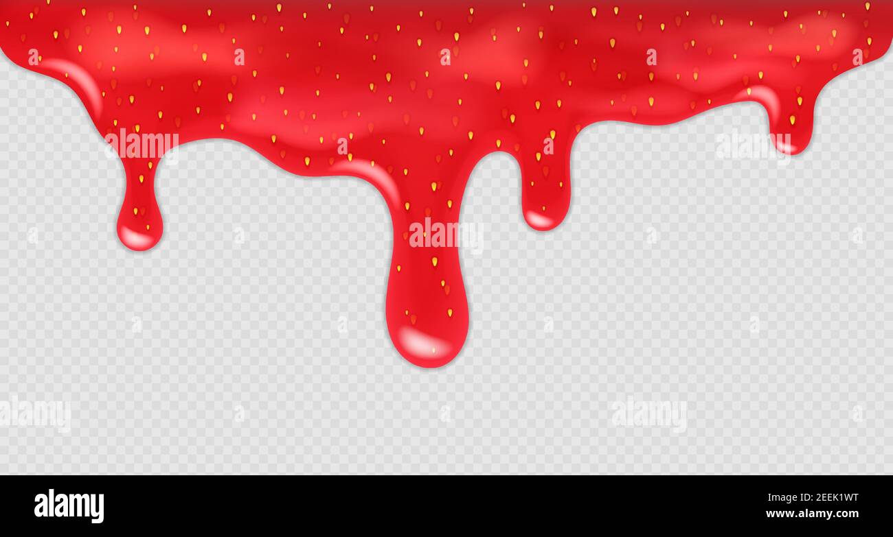 Sgocciolamento della marmellata di fragole. Illustrazione vettoriale realistica di perdita di sciroppo rosso dolce con semi. Melting jelly o fluente effetto texture dessert per Illustrazione Vettoriale
