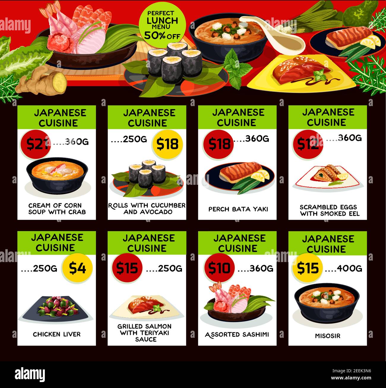 Menu di cucina Giapponese. Offerta pranzo vettoriale per zuppa di mais o granchio, cetrioli e avocado, pesce persico bata yaki o uova strapazzate e anguilla affumicata, c. Illustrazione Vettoriale