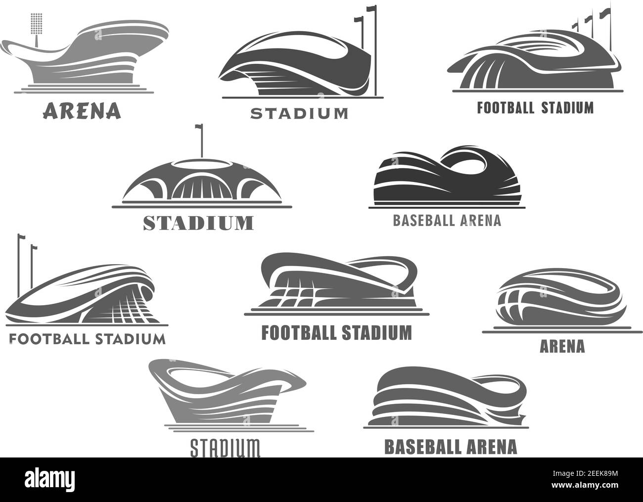 Set di icone isolate vettoriali per stadi sportivi o arena. Futuristico o moderno design lineare dello stadio con lampade e pali a bandiera. Simboli dei campi sportivi o Illustrazione Vettoriale