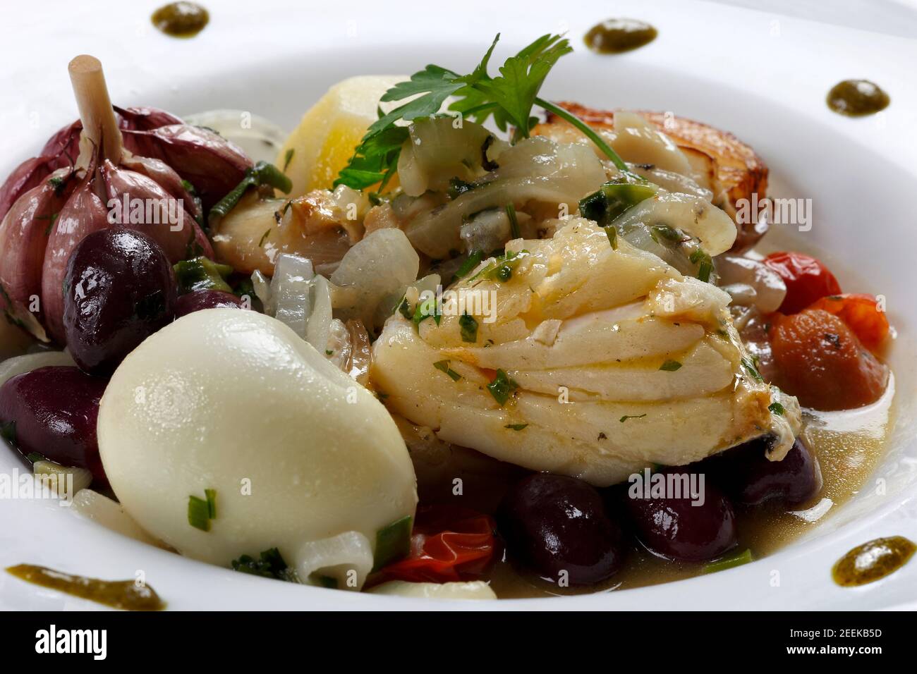 Merluzzo cotto al forno con olio d'oliva Foto Stock