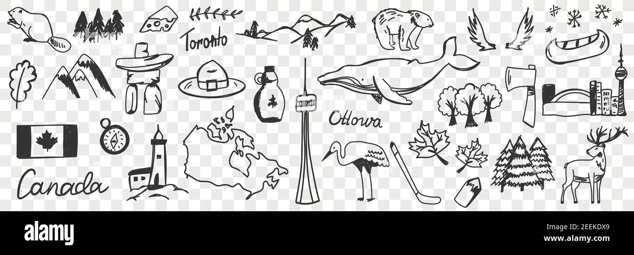 Simboli canadesi e segni doodle set. Collezione di trainato a mano canadese tradizionale foglia d'acero bandiera fauna selvatica montagne deers neve heron birra balena e nomi isolati su sfondo trasparente Illustrazione Vettoriale