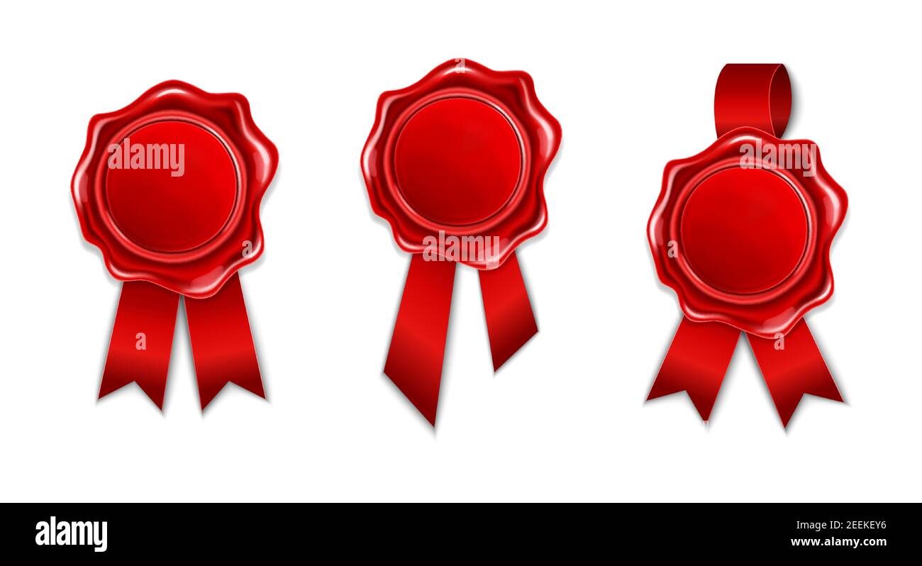 Raccolta di ceretta rossa con nastro isolato su fondo bianco. Timbro retro circolare realistico per documenti, buste, lettere o striscioni. Concetto di Illustrazione Vettoriale