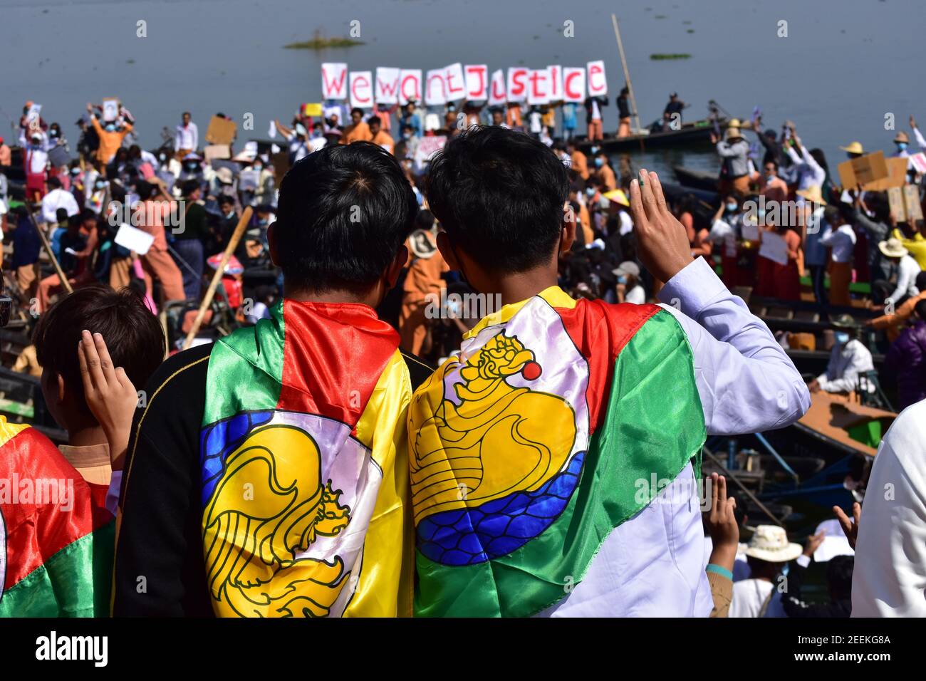 Le etnie del Myanmar protestano contro il lago Inle dittatura militare Foto Stock