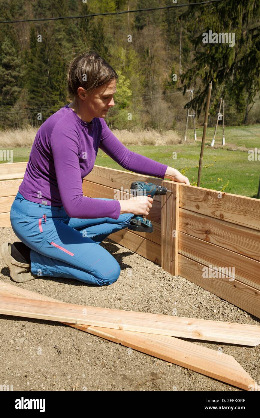 Donna che si avvita un telaio in legno per un letto da giardino rialzato con trapano elettrico. Concetto DIY. Donna potente. Foto Stock