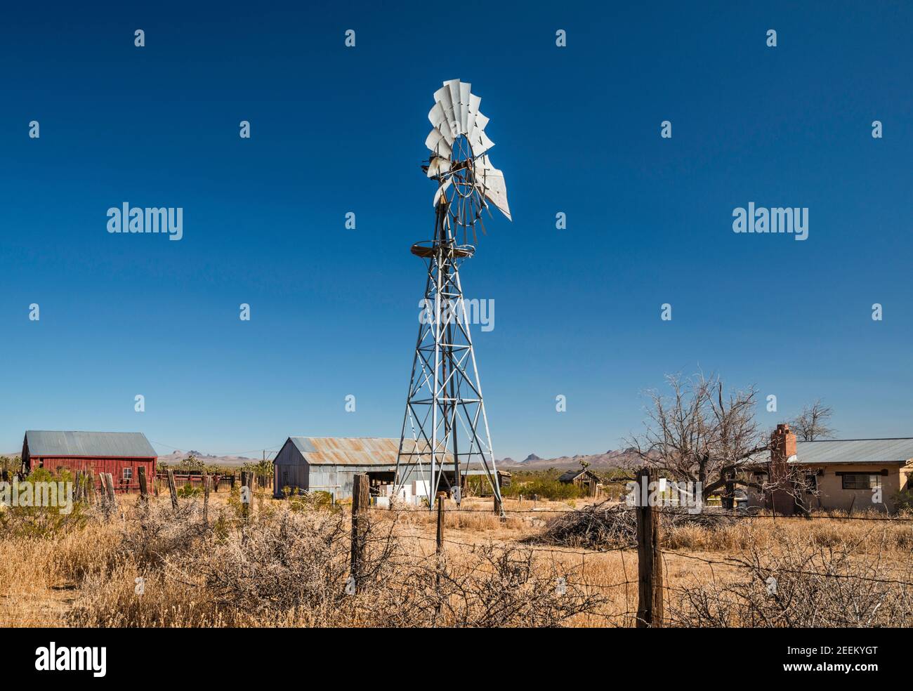 Pompa d'acqua stile Aermotor al ranch presso il sito di Lanfair, Lanfair Valley, Mojave National Preserve, California, USA Foto Stock
