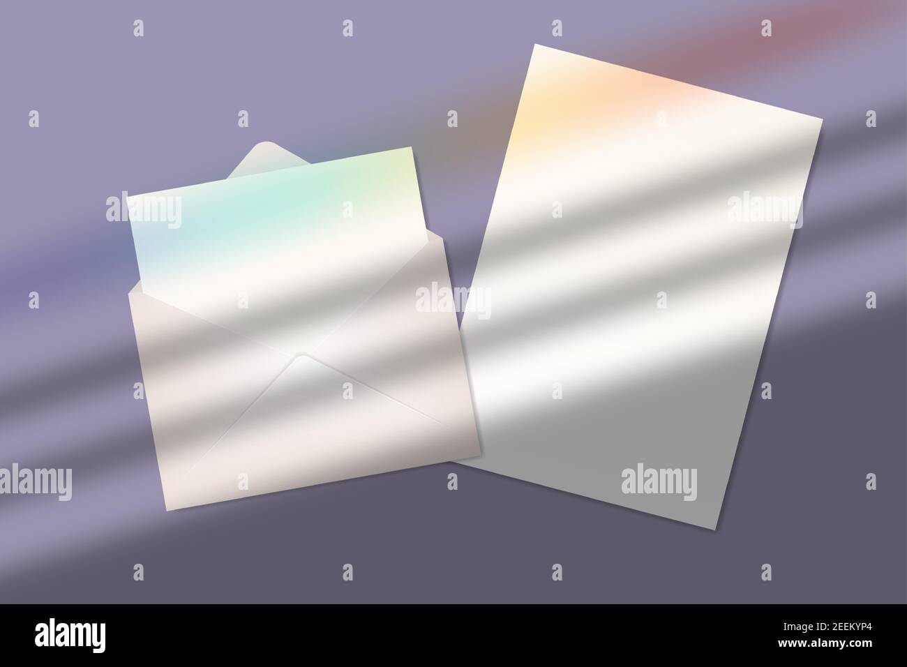 Foglio di carta a4 bianco realistico e lettera in busta con effetto di sovrapposizione ombra con effetto di riacutizzazione della lente arcobaleno. Ombra trasparente e soffusa con luce solare da Illustrazione Vettoriale