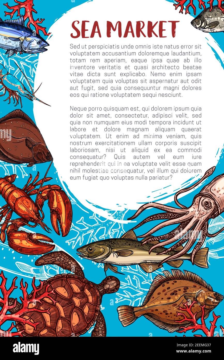 Poster del mercato dei frutti di mare e del ristorante di pesce. Granchio d'oceano, aragosta, gamberi o gamberetti, tonno, calamari, passera, sgombro, tartaruga marina e pesci di marina, p. Illustrazione Vettoriale