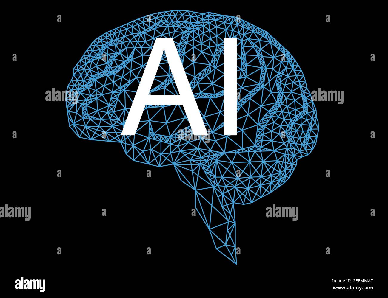Intelligenza artificiale, cervello umano geometrico, illustrazione vettoriale su sfondo nero Illustrazione Vettoriale