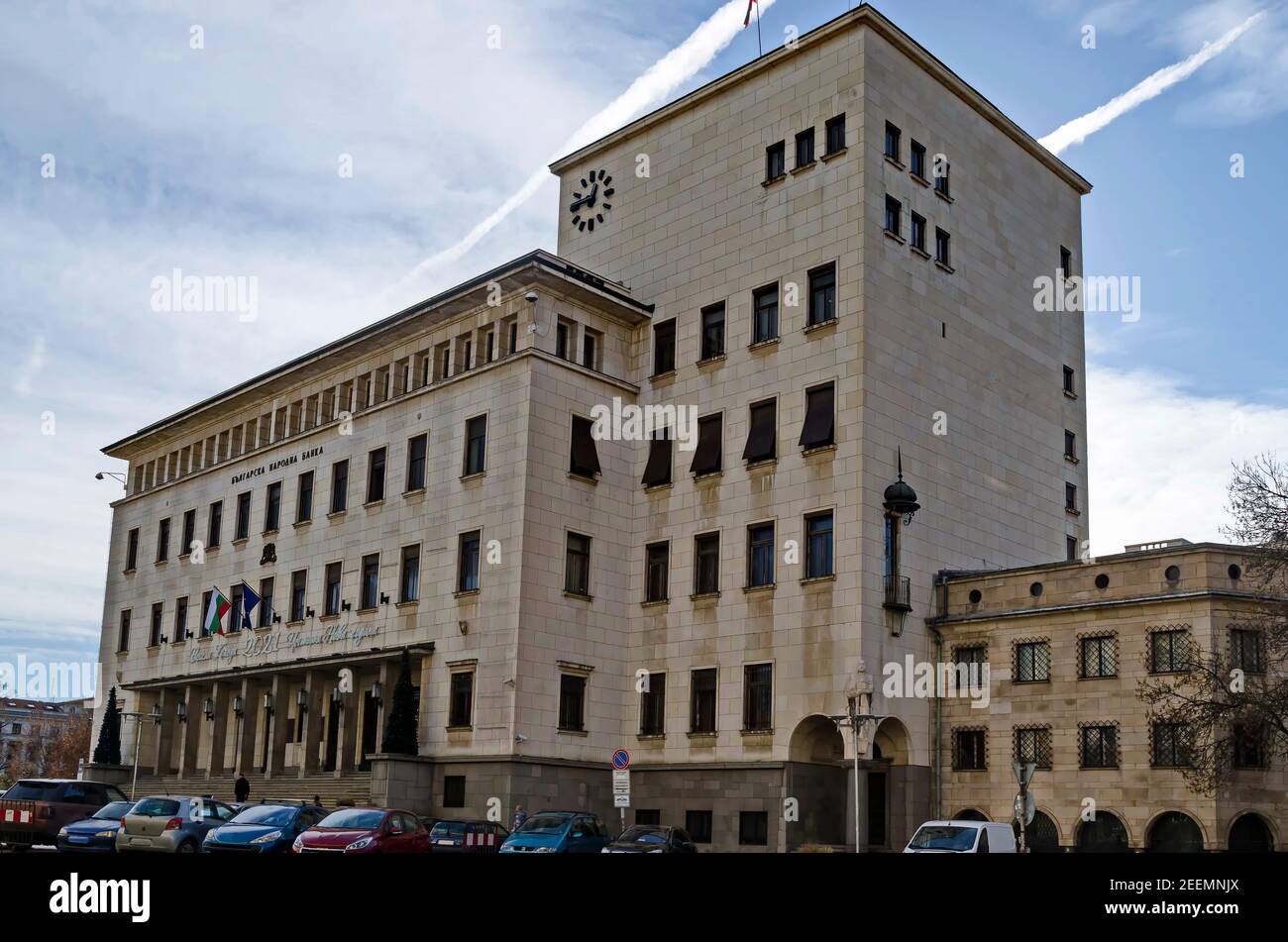 Esterno dell'edificio della Banca Nazionale bulgara in Piazza Principe Alessandro di Battenberg, Sofia, Bulgaria Foto Stock