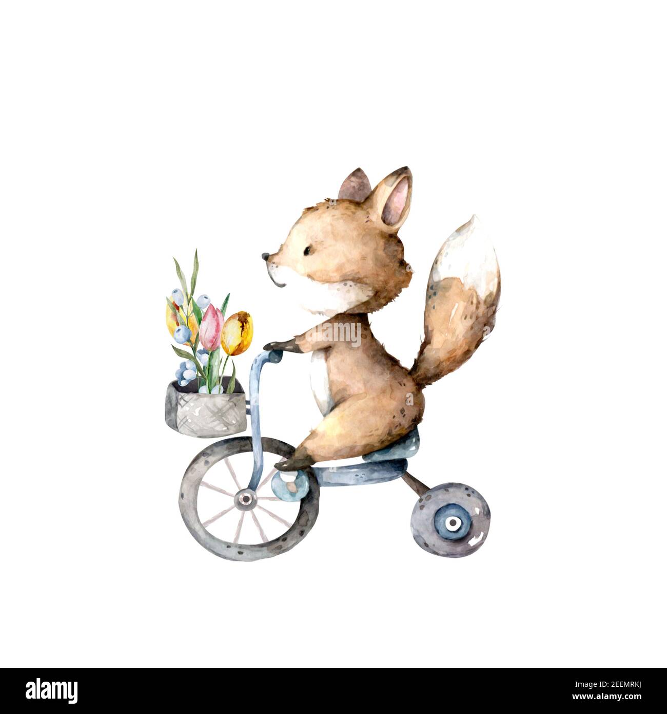 Carina volpe su una bicicletta con lepre in un cesto e fiori di primavera. Buon umore. Modello per elementi di design, cartoline, banner, invito a biglietti Foto Stock