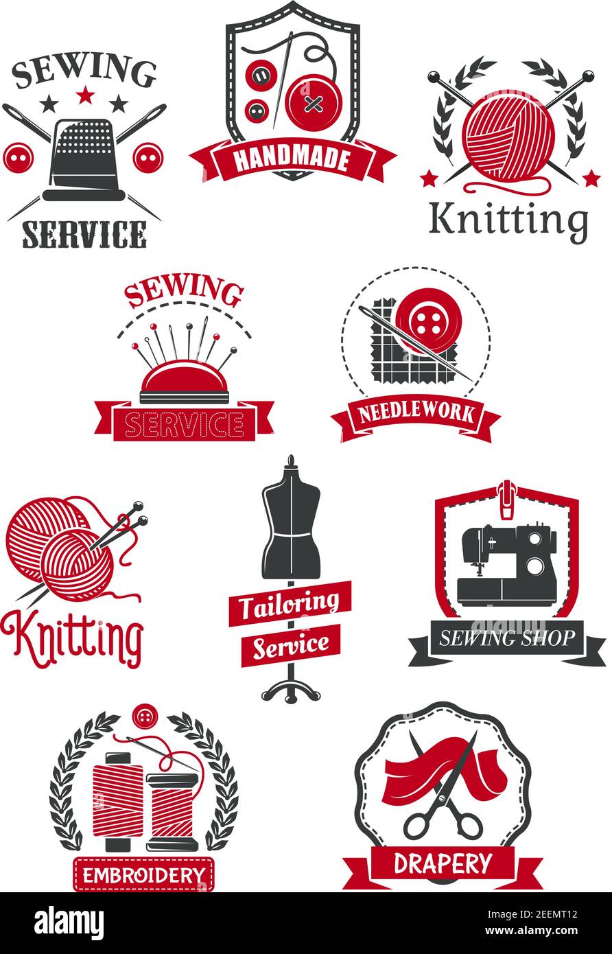 Set di simboli per negozi di abbigliamento e cucito. Macchina da cucire, ago, filo, forbice, forbice e vintage icona cieca sarto isolato con striscione a nastro per taiori Illustrazione Vettoriale