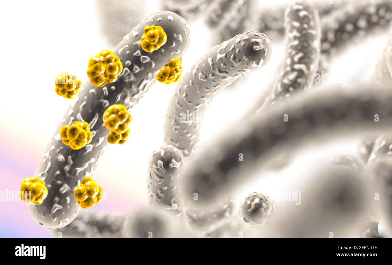 3d illustrazione di un'immagine microscopica di un virus o di una cellula infettiva. Microbatteri e organismi batterici.Biologia e scienza background. Foto Stock