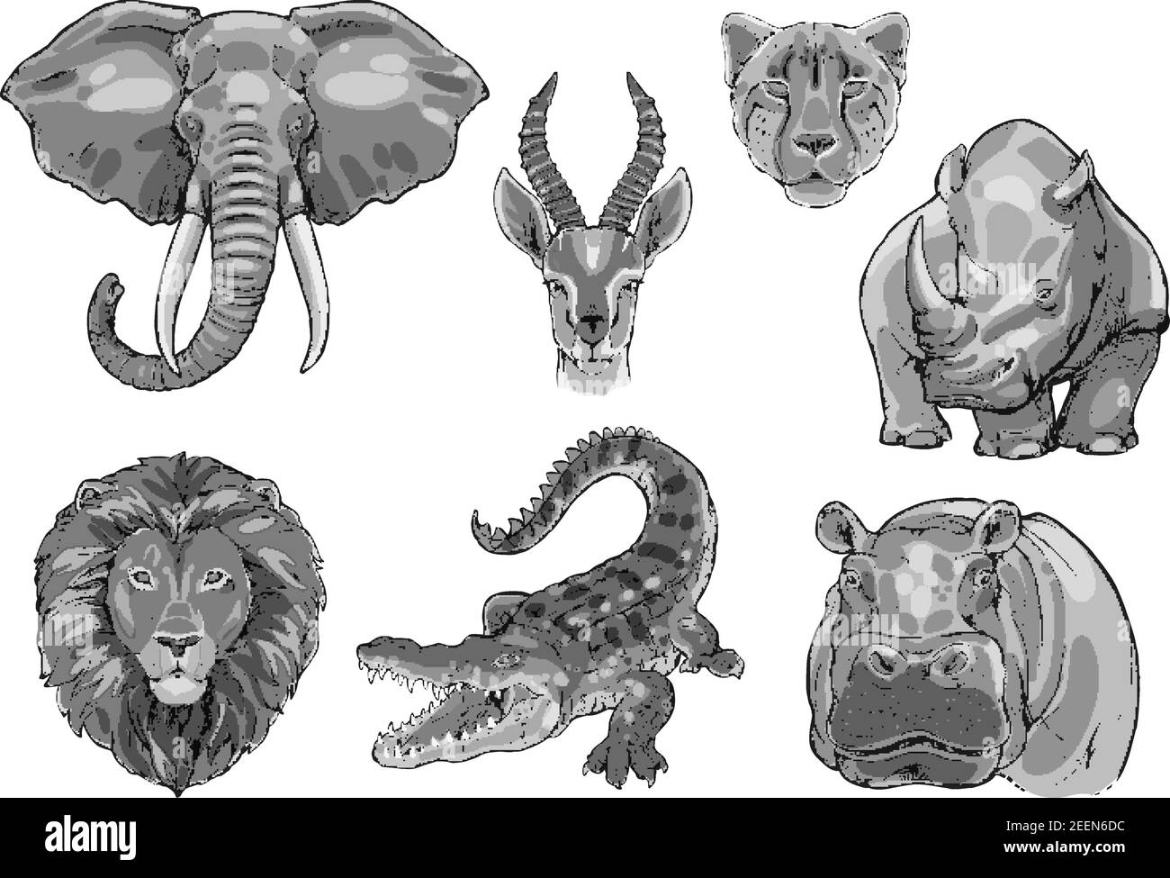 Icone di schizzi di animali africani selvatici. Vettore isolato insieme di elefante tusk, antilope o gazelle e ghepardo pantera, savana leone o tigre e alligatore Illustrazione Vettoriale