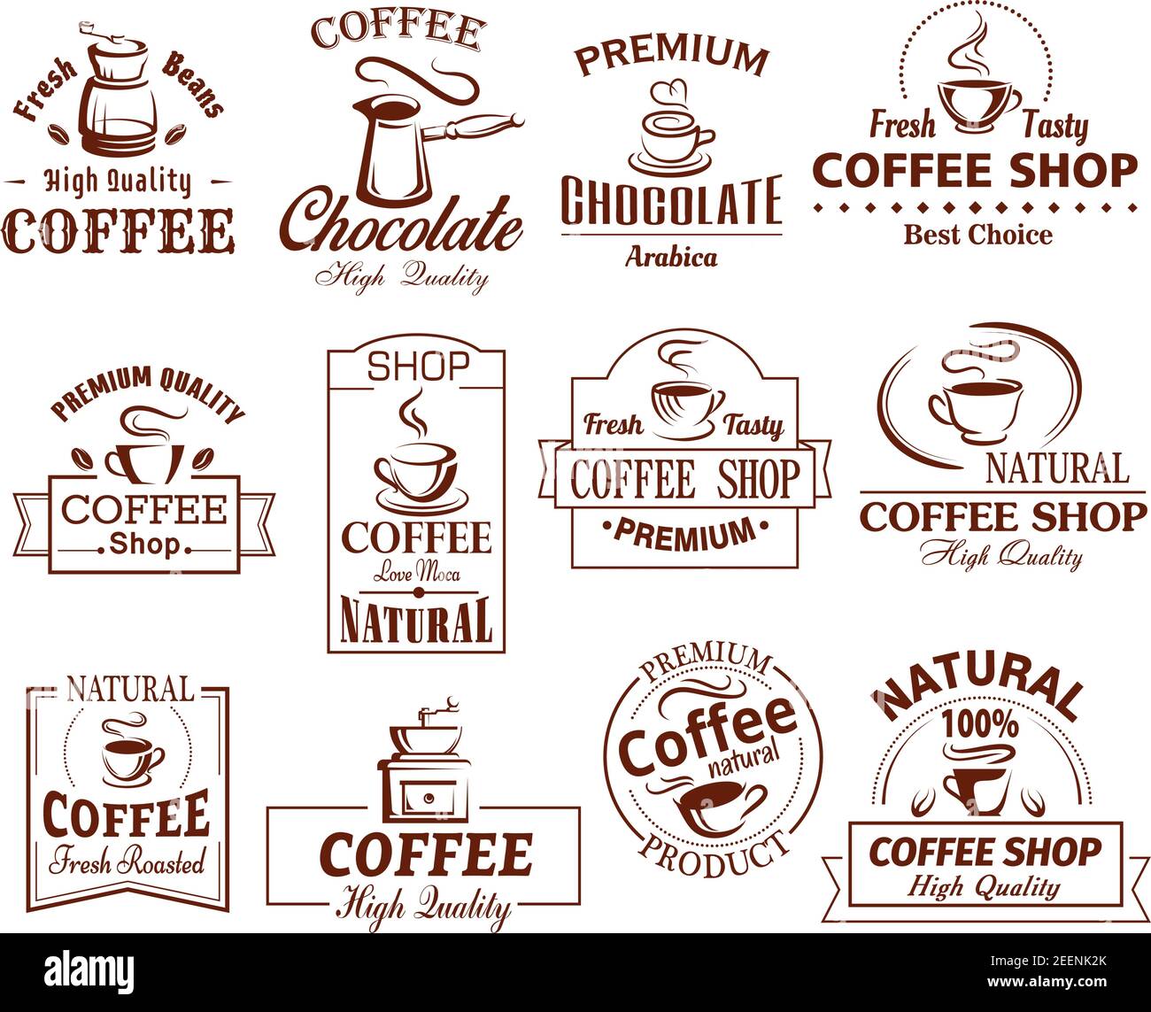 Icone per la tazza di caffè modello per la caffetteria e la caffetteria. Set vettoriale di macchine da caffè, cioccolata calda, espresso forte o vapore americano, Illustrazione Vettoriale