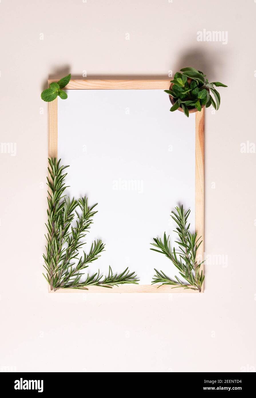 vista dall'alto, foglio bianco di carta con rami di rosmarino e foglie di menta e salvia Foto Stock