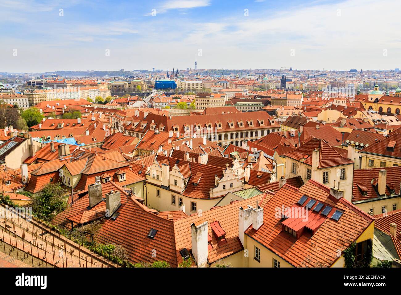 Tetti rosso-marrone di belle città fatte di piastrelle naturali. La vista dall'alto. In lontananza, l'orizzonte del cielo blu. Foto Stock